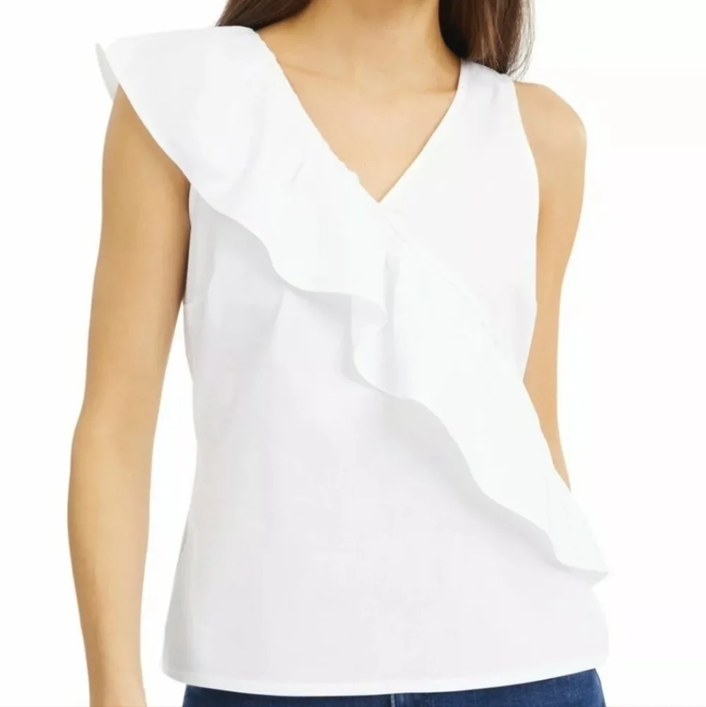 ❓IN MYSTERY BUNDLE ⁉️🎁 NWT INC Womens Blouse White V-Neck Asymmetrical Ruffled